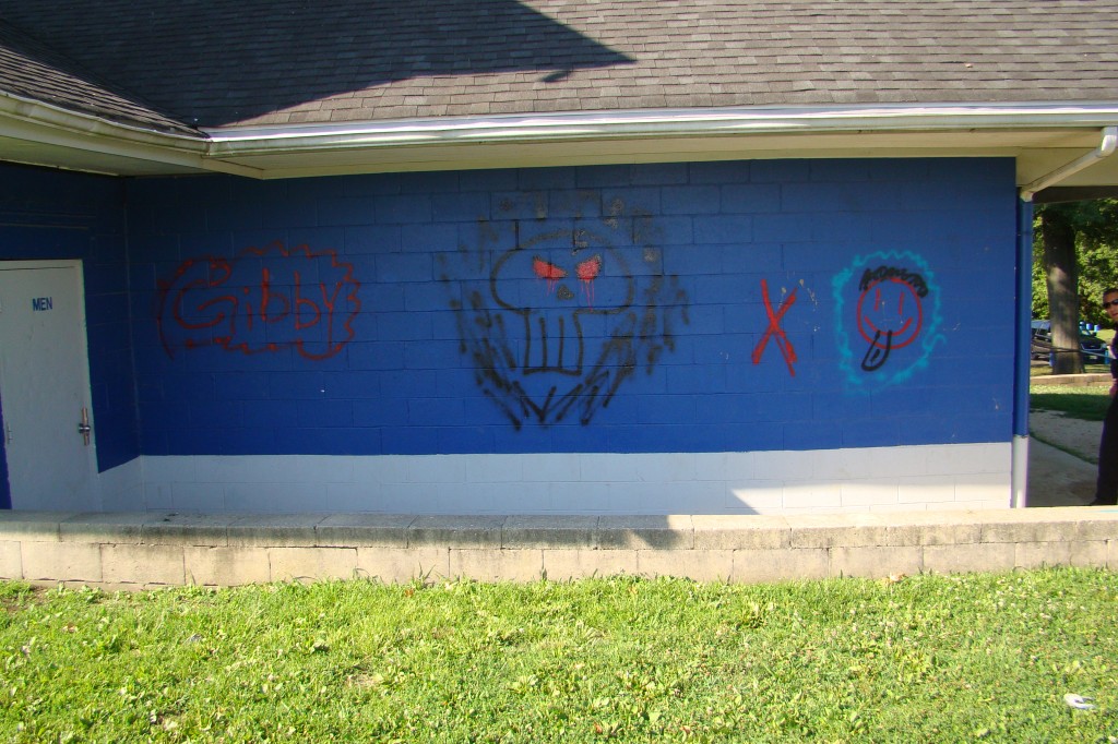 Graffiti discovered on the athletics facilities in Oaklyn. Police have charged two men in connection with the incident. Credit: Oaklyn Police Department.