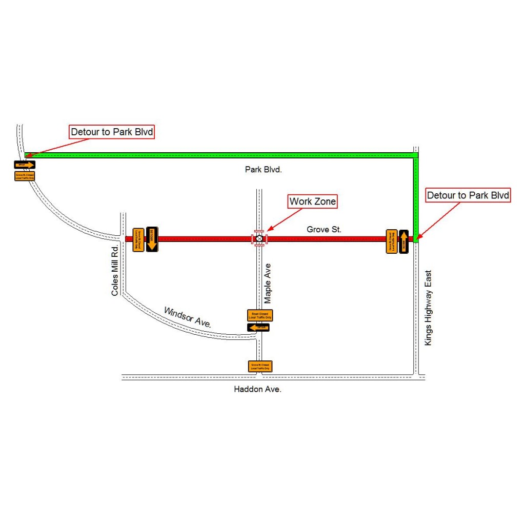 A map outlining the recommended traffic detour for vehicles that typically access Grove Street. Credit: Haddonfield Police.