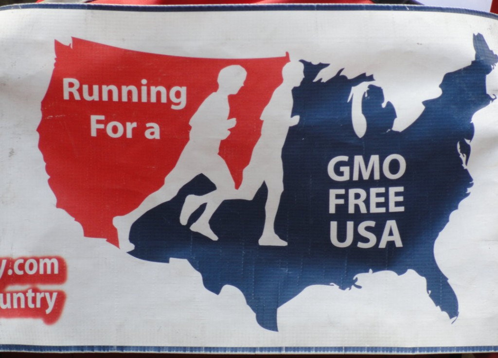 The GMO Free USA banner that adorns the Wilcox family jogging stroller. Credit: Matt Skoufalos.