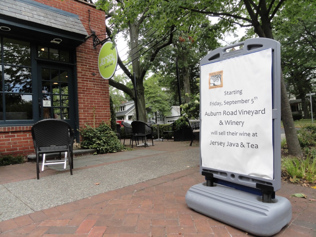 Signage advertising the new wine retail sales at Jersey Java. Credit: Matt Skoufalos.