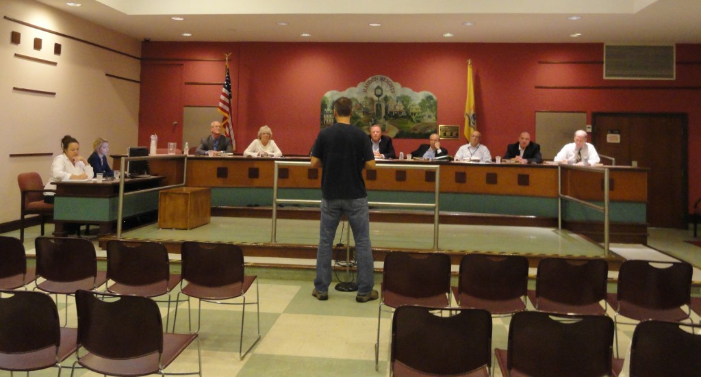 Haddon Heights resident Tim Gronen addresses the borough council with his thoughts on permitting the sale of alcohol in Haddon Heights. Credit: Matt Skoufalos. 