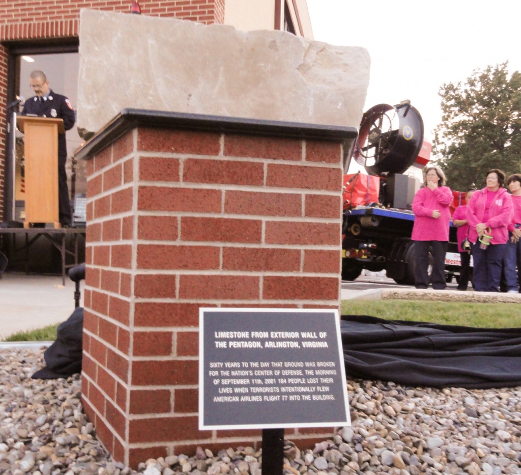 A piece of the Pentagon building contained in the Westmont Fire Company 9-11 memorial. Credit: Matt Skoufalos.