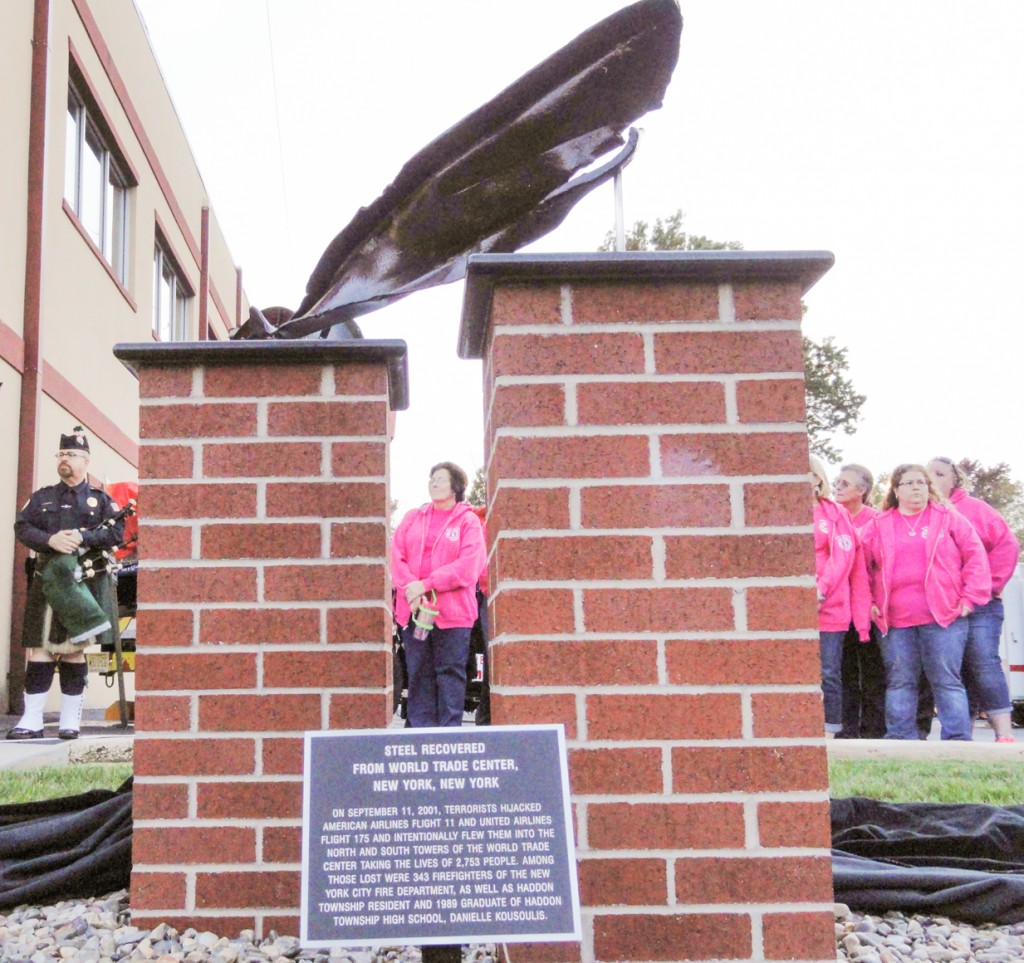 A piece of steel from the World Trace Center is contained in the Westmont Fire Company 9-11 memorial. Credit: Matt Skoufalos.