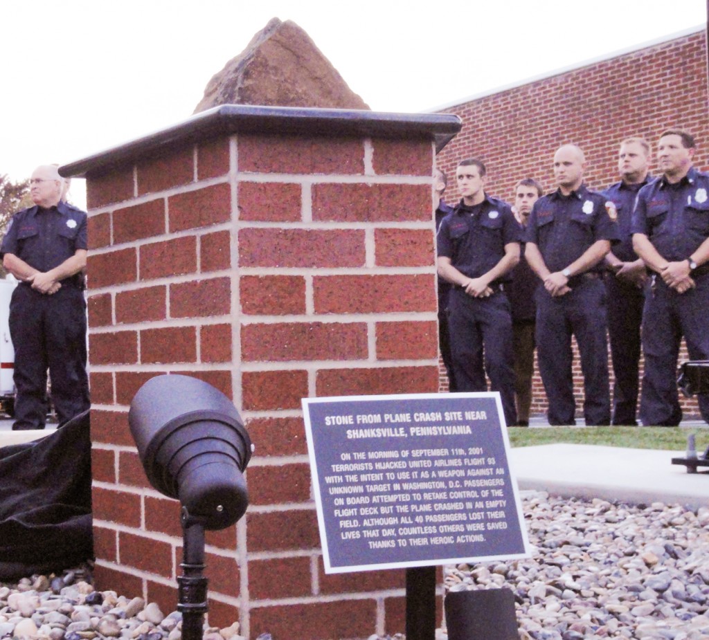 A piece of the Pentagon building contained in the Westmont Fire Company 9-11 memorial. Credit: Matt Skoufalos.