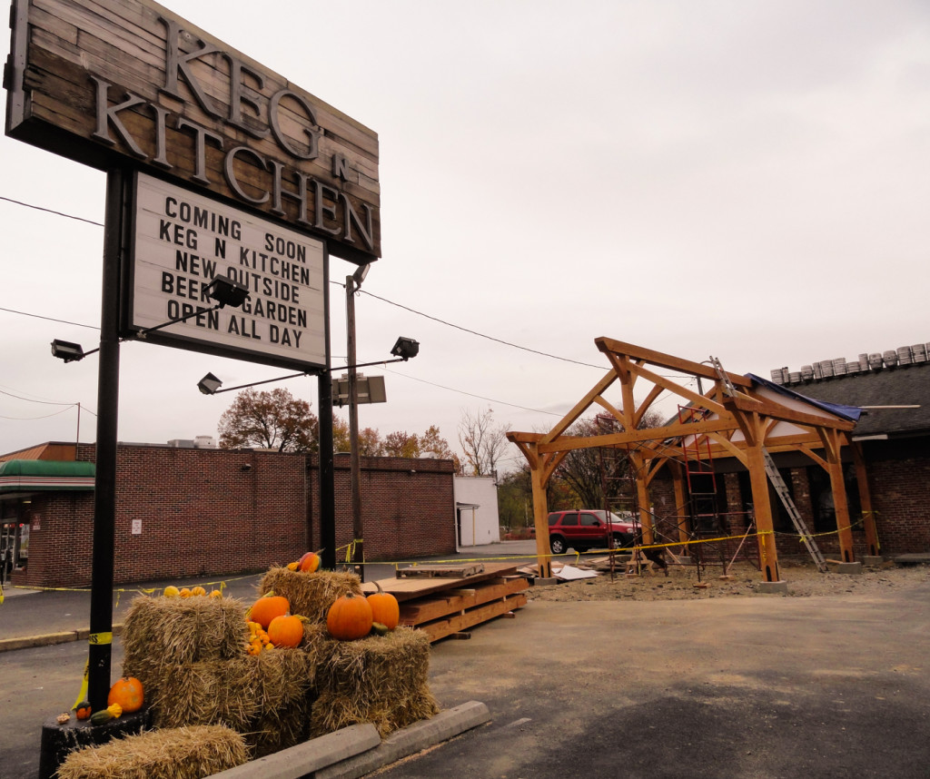 Construction of the Keg & Kitchen beer garden is underway. Credit: Matt Skoufalos.