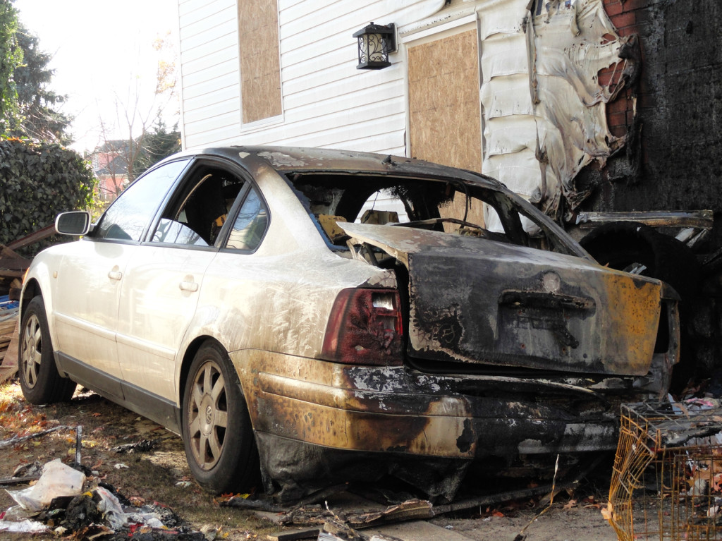 A vehicle that was damaged by the fire on Oriental Ave. Credit: Matt Skoufalos.