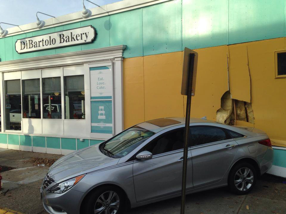 A car accidentally reversed into the side of DiBartolo Bakery. Credit: DiBartolo Bakery.