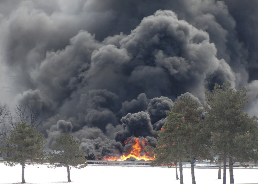 An overturned fuel truck burns in Pennsauken. Credit: Matt Skoufalos.