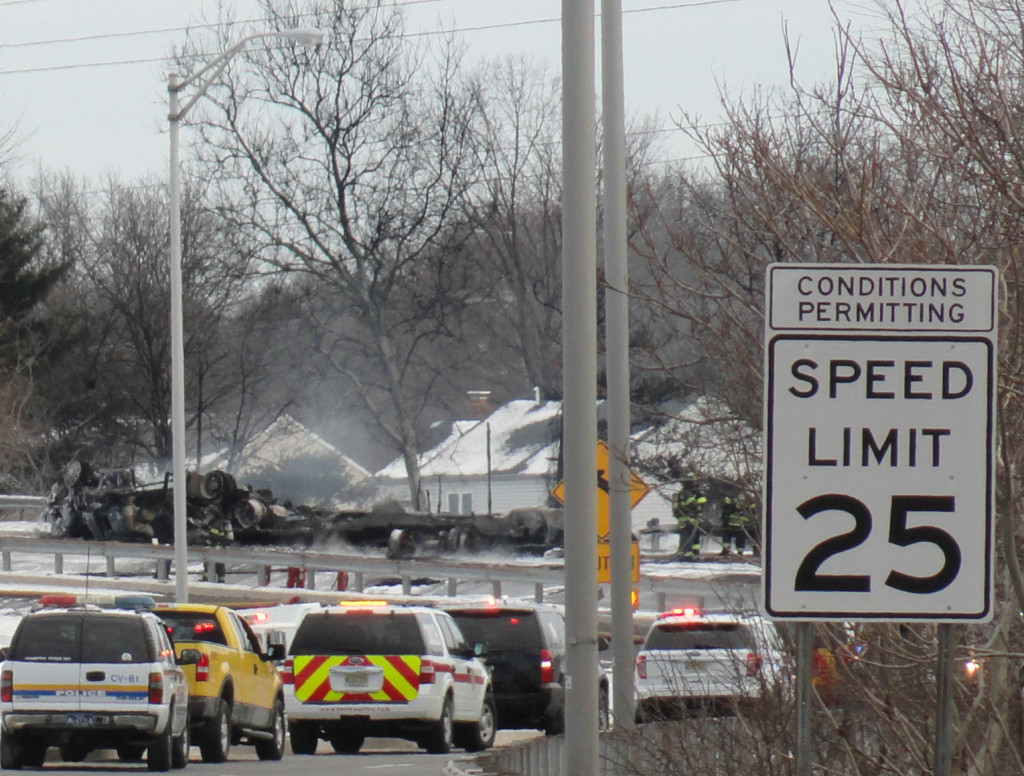 An overturned fuel truck burns in Pennsauken. Credit: Matt Skoufalos.