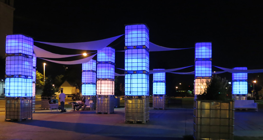 IBC Totes at Roosevelt Plaza Park. Credit: Joe Sikora.