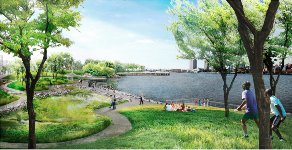 Rendering of the waterfront park. Credit: Liberty Property Trust.