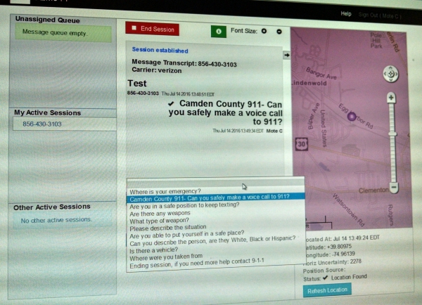 Camden County Text 911 sample screen. Credit: Matt Skoufalos.