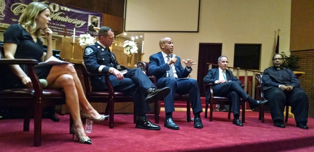 From left: Alexandria Hoff, Scott Thomson, Cory Booker, Paul Fishman, William Heard. Credit: Matt Skoufalos.