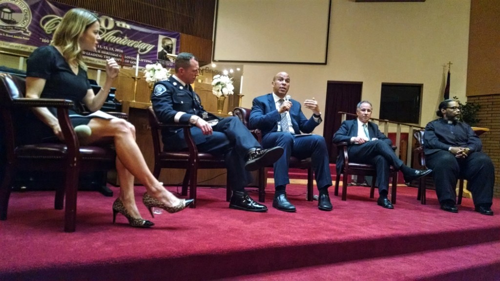 From left: Alexandria Hoff, Scott Thomson, Cory Booker, Paul Fishman, William Heard. Credit: Matt Skoufalos.