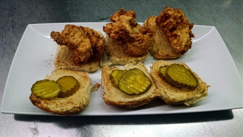 House-made buttermilk fried chicken sliders. Credit: Matt Skoufalos.