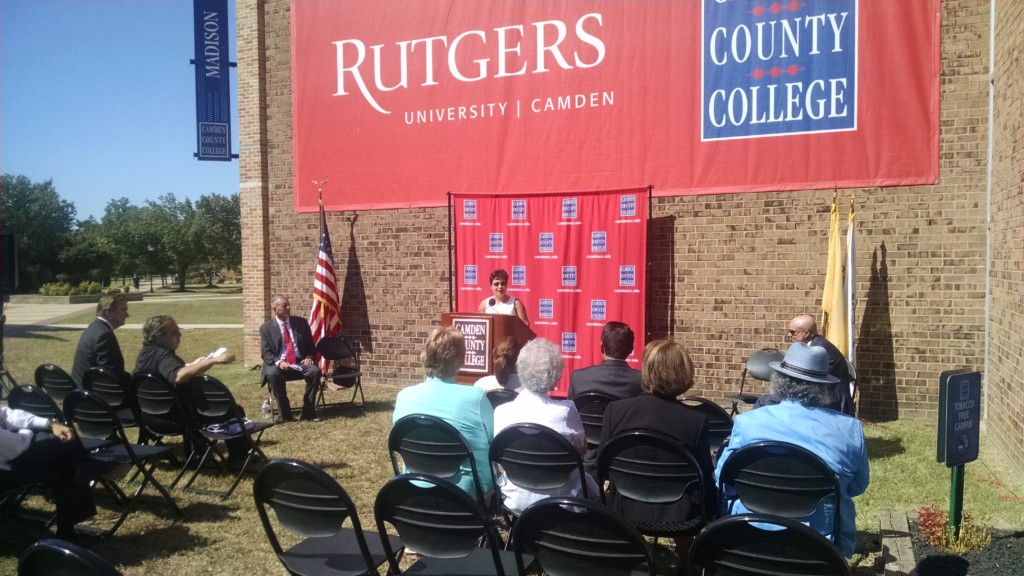 Camden County Freeholder Carmen Rodriguez speaks at CCC. Credit: Matt Skoufalos.