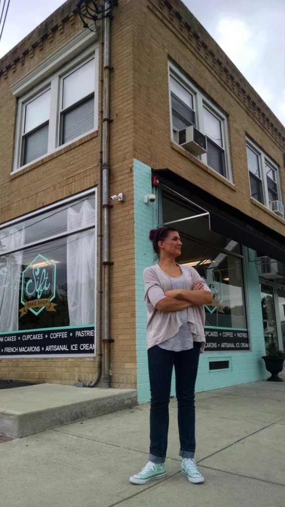 Cara Griffin outside the storefront of Sift Bake Shop in the 800 block of White Horse Pike in Haddon Twp. Credit: Matt Skoufalos.