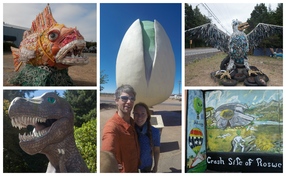 Roadside attractions ranged from the silly, like a giant pistachio or a Roswell alien crash mural, to the significant, like the fish and eagle seen here made out of ocean-borne plastics. Credit: Chris Campbell.