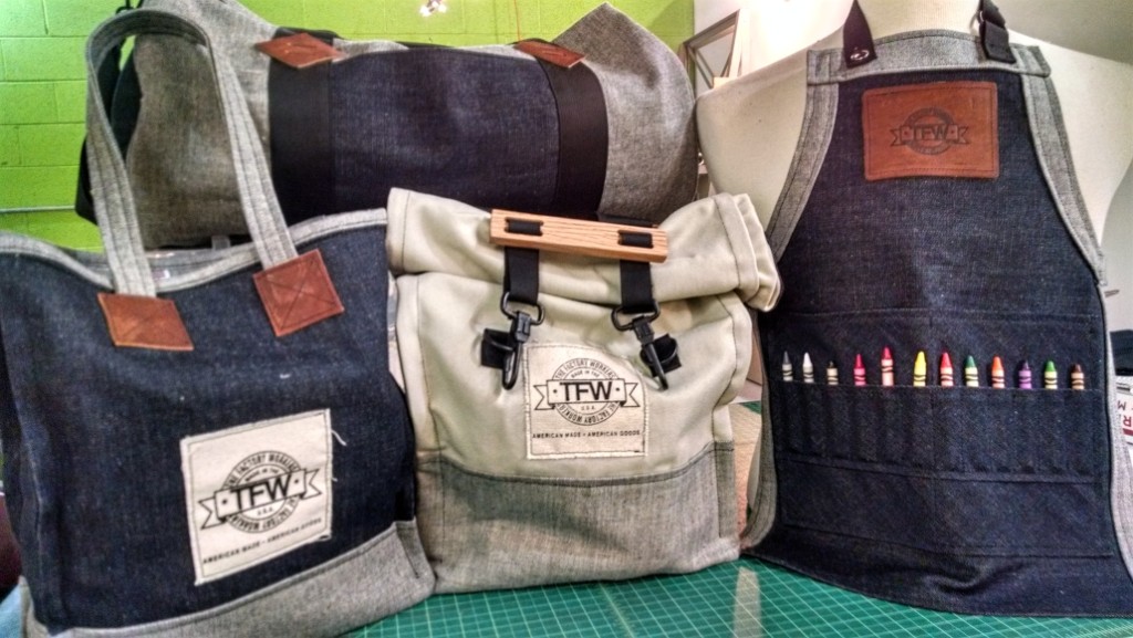 The Factory Workers line includes utility bags, tote bags, work aprons, and backpacks. Credit: Matt Skoufalos.