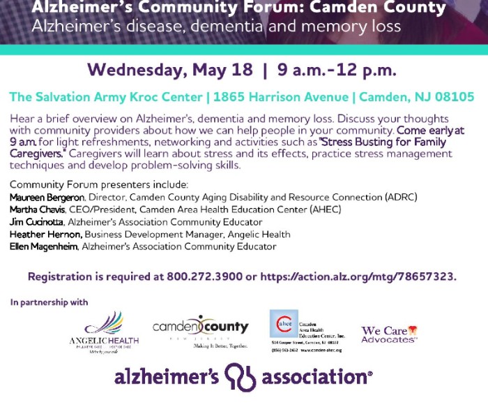 Alzheimer’s Community Forum: Camden County - Alzheimer’s disease, dementia and memory loss